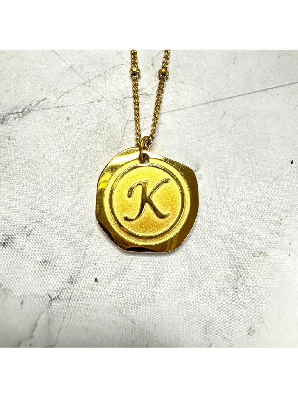 Savvy Cie Jewels Monogram "K" Necklace 22k Gold Plated Letter Coin Pendant 18"